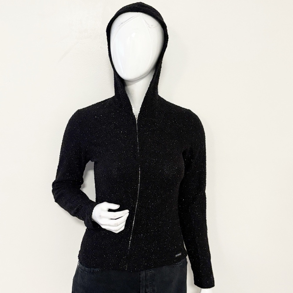 Vintage Y2K 90s Guess Black & Metallic Sparkly Knit Fitted Hoodie Zip-up Sweater